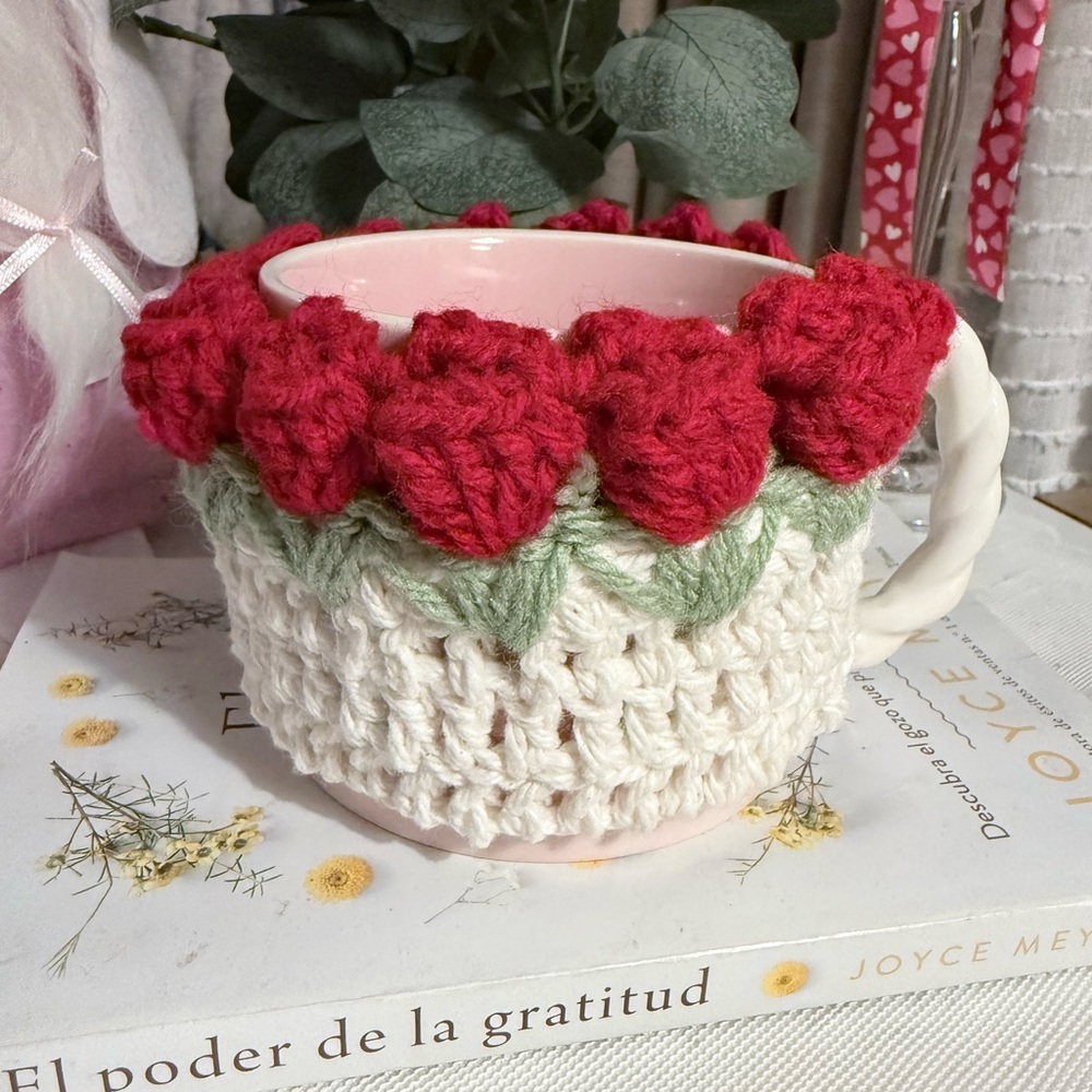 Handmade Crochet Floral Mug Cozy Red& Green Cottagecore Coffee Cup Sleeve